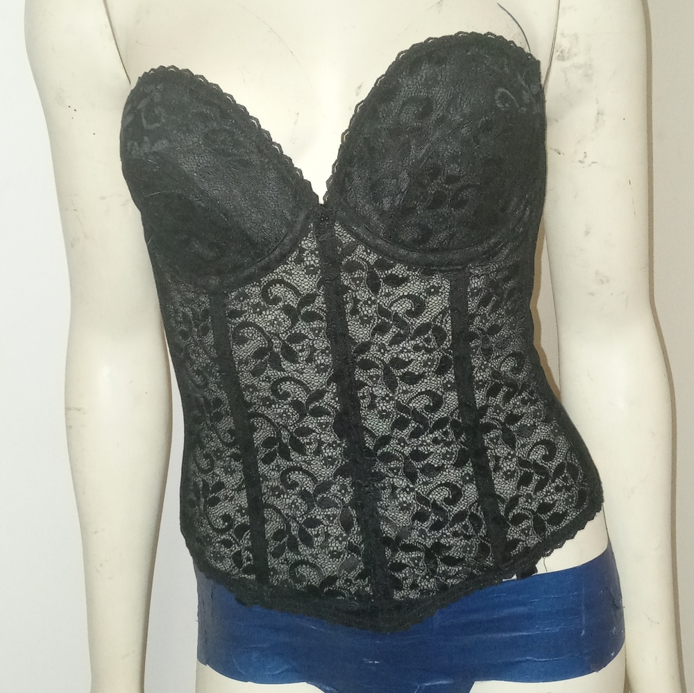 Carnival Vintage 32D Black Lace Bustier Low Back Long Line Strapless Bra
